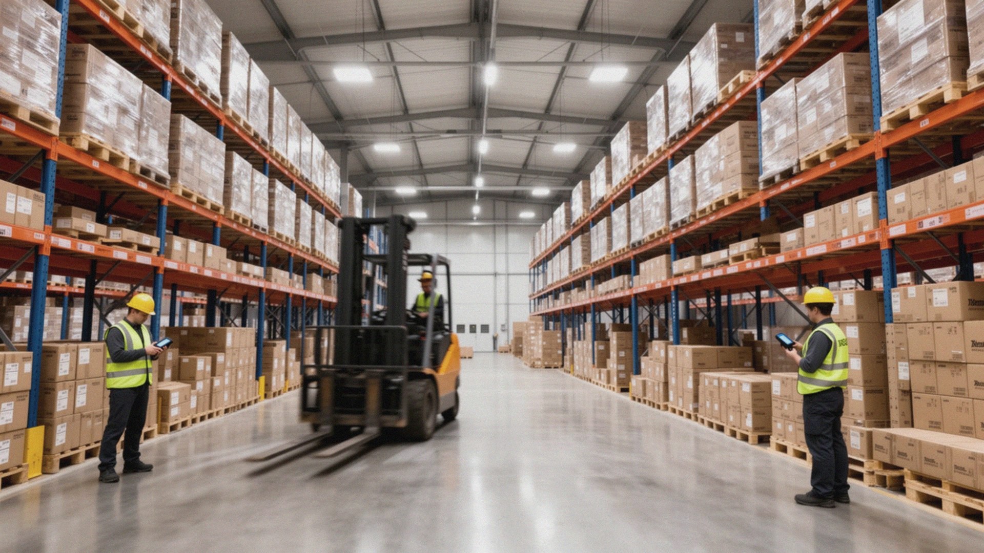 Modern logistiek magazijn met magazijnstellingen en heftruck